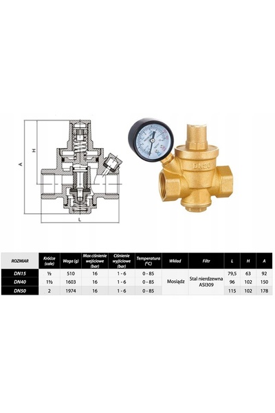 iborstore REDUCTOR DE PRESIUNE PENTRU APĂ 1/2'' DN15 DIN ALAMĂ PENTRU INSTALA...