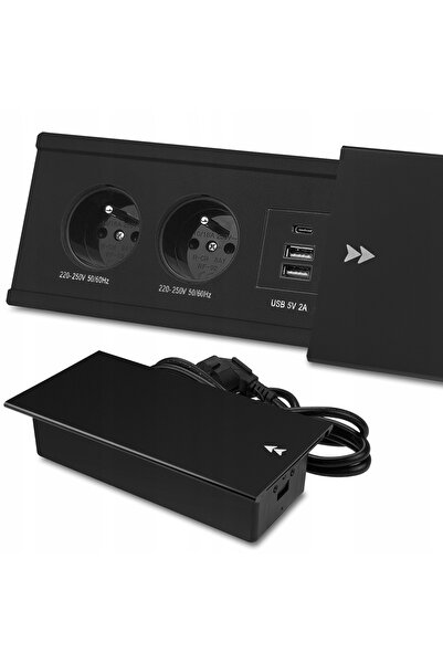 Appio Priză de blat retractabilă din aluminiu, glisantă + 2x USB + USB C