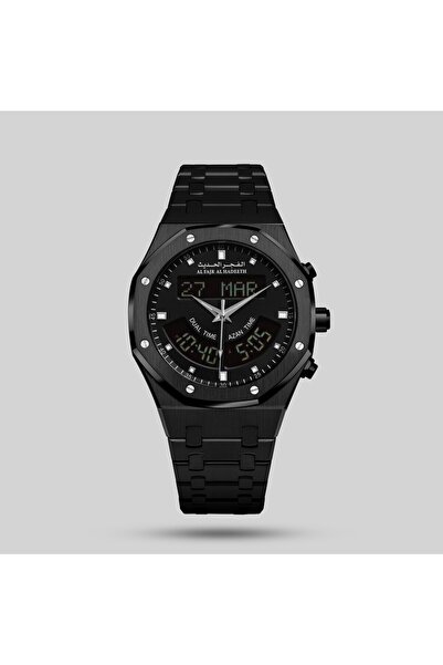 Generic Brand Modern Fajr Watch with Two Time Zones, Black Steel, Model AL333BB