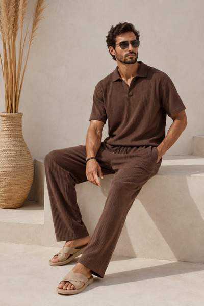 Moda Minimo طقم تي شيرت رجالي بياقة بولو وبنطلون رياضي من قماش عثماني، تي شير...