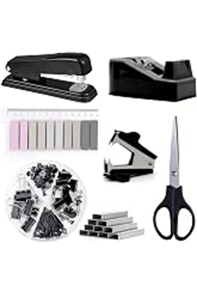 AQUAFALCON Black Desk Accessories Set - Office Supplies, Stapler and Tape Dispenser Kit - Gift for Students, Women, Coworkers, Office Clerk