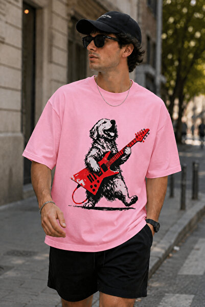 ArtYus Dog Playing Guitar Printed Crew Neck Casual Unisex Oversize T-Shirt - ...