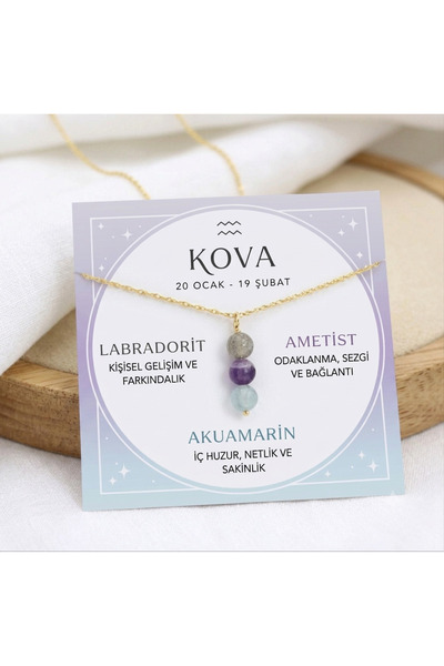 Taşmir Kova Burcu Doğal Taş Altın Kaplama Zincirli Kolye - Labradorit, Ametis...