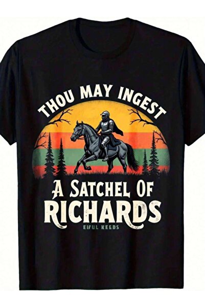 NOURAM Men's Black TShirt With Medieval Knight & Richards Slogan Graphic Prin...