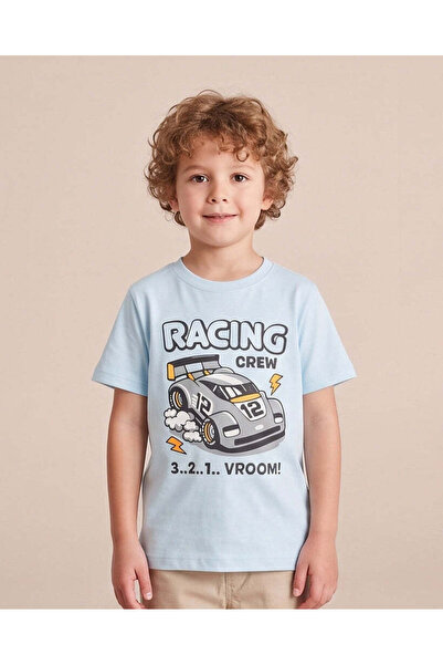 REDTAG Boys Blue Racing Print T-shirt