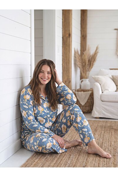 BALİS PİJAMA Women's Full Buttoned Combed Cotton Fabric Long Sleeve Pajama Se...