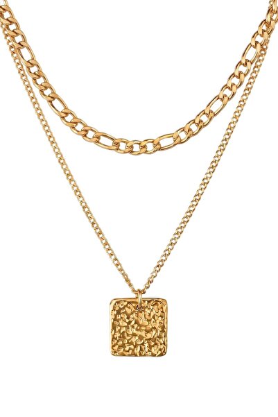The Jewel Heart Колие Meridian Неръждаема Стомана Позлатена 18K, Квадратен Па...