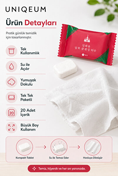 Uniquem 20'li Sıkıştırılmış Temizleme Havlusu 30x24 cm Su ile Açılan Pratik Mendil