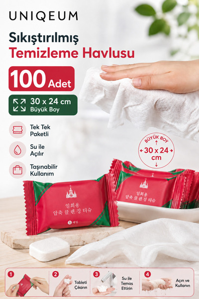 Uniquem 100 Adet Sıkıştırılmış Temizleme Havlusu 30x24 cm Su ile Açılan Prati...