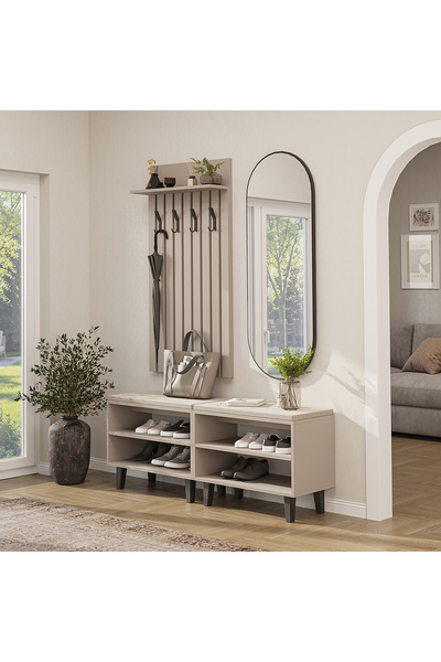 ROOMART Nord Vestiyer Takımı Lambri Askılıklı, Bench, Modüler, Oval Aynalı Po...