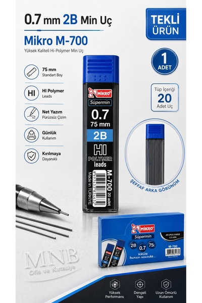 Mikro Süpermin 0.7 mm 2B Hi-Polymer Versatil Kalem Ucu 75 mm 20’li – 1 Tüp Te...