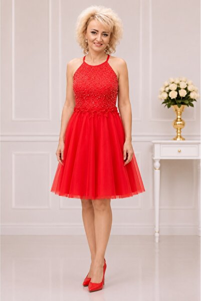 OEM Rochie tinereasca de ocazie, rosie, cu tul si design de margele