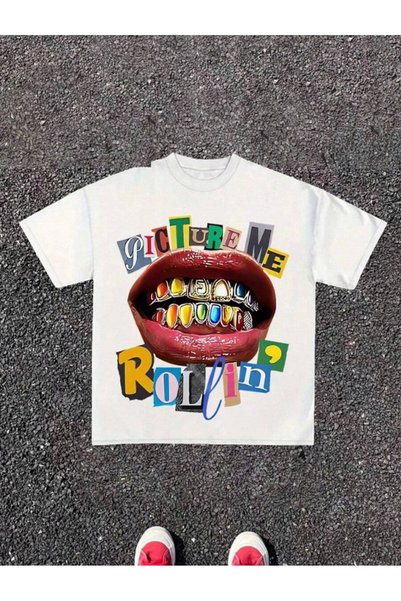 4CR []PICTURE ME ROLEIN, Street Wear, Y2K, (Cotton T Shirt) Men's Round Neck Short-Sleeved Cotton Graphic Tee, Loose Style