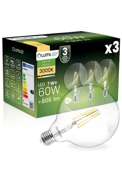 Lumiled 3x Bec LED E27 Sferă G125 7W = 60W 806lm 3000K Cald 360 °   FILAMENT