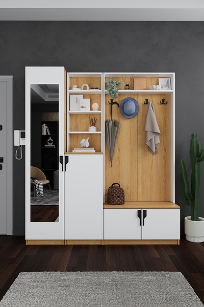 asratrend Lüks Aynalı Portmanto Askılı Vestiyer %100 MDF Çok Raflı Ayakkabılı...