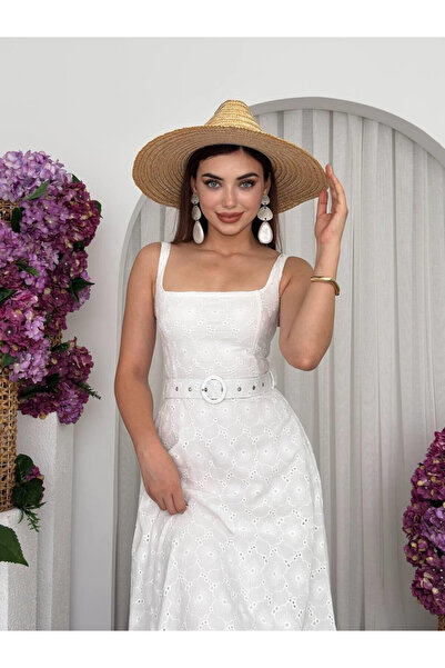 Moda Days فستان نسائي أبيض متوسط الطول بنقشة الأصداف وياقة مربعة مع حزام مفصل