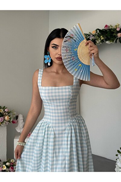 Moda Days فستان نسائي متوسط الطول ذو ياقة مربعة زرقاء اللون وحزام مزين بنقشة ...