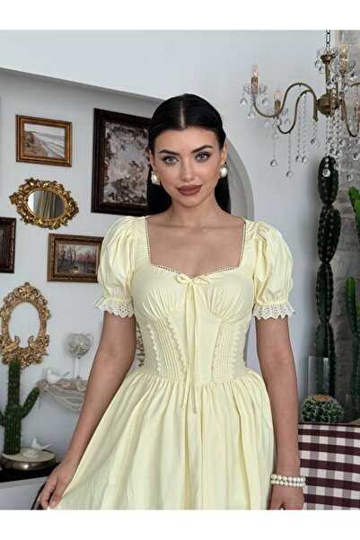 Clothes Fast فستان ساري ميدي نسائي بياقة مربعة وأكمام بالون وتفاصيل فيونكة ود...