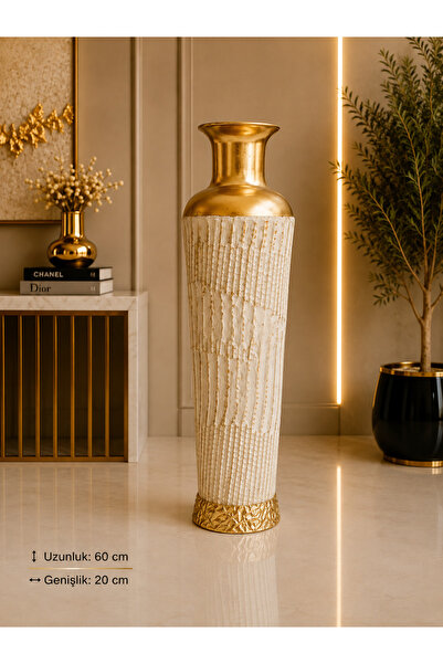 Hinora Vază decorativă din metal pentru podea, 60 cm, aur alb, dimensiune mar...