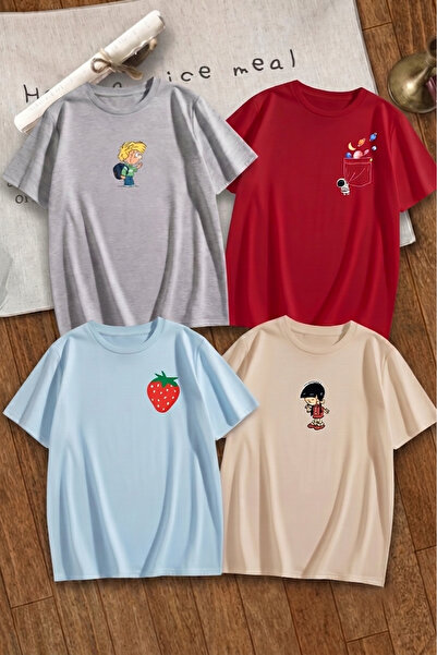 trendypassion Unisex Mixed Print T-Shirt Set – 4-Pack Crew Neck Casual T-Shirts