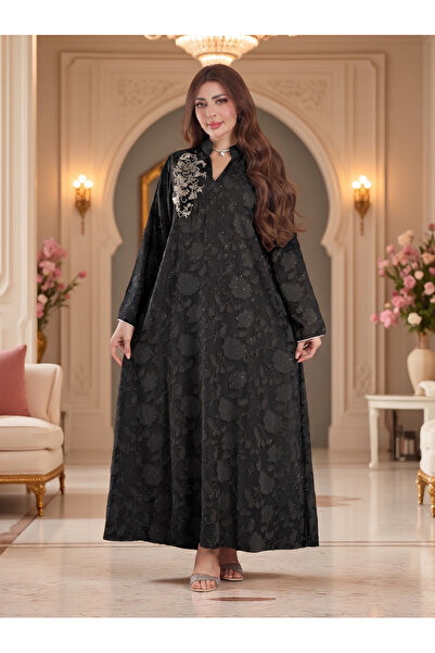 Finelook Jacquard Floral Abaya with Embellished Shoulder Applique | Modest Ma...