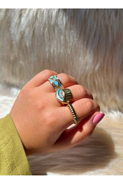 D&Z ACCESSORİES üçlü gold yüzük seti mavi temalı | vintage görünümlü ayarlana...
