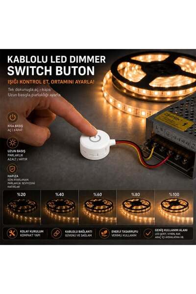 Powermaster PM-30802 3.7-4.2V 10Mm Kablolu Beyaz Led Dimmer Switch Buton