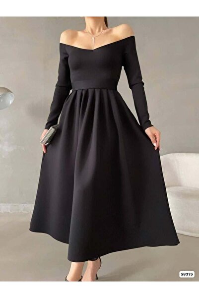 Modafeminen Black Boat Neck Long Sleeve Midi Length Evening Dress 58375