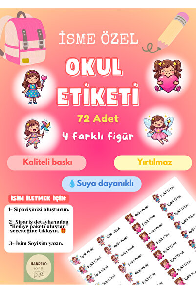 Handeto Kraft 72 Adet Kız Çocuk Temalı Kişiye Özel Okul Etiketi İsim Yazılabi...