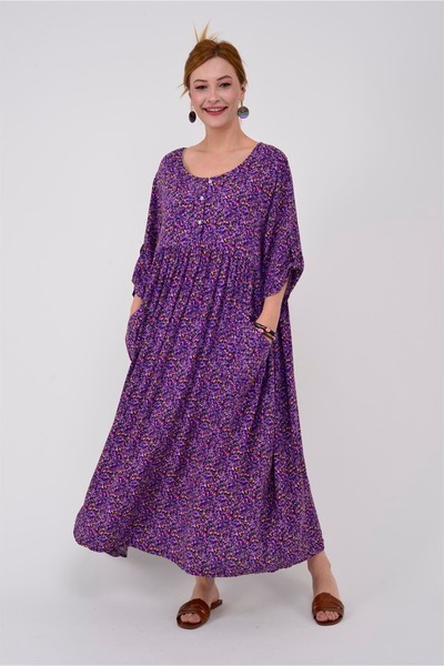 Hazinedan Women's Crispy Floral Pattern Loose Fit Mother Authentic Purple Dress