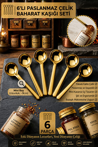 BRE HOME 6’lı Gold Paslanmaz Çelik Baharat Kaşığı Seti Mini Kavanoz Kaşığı 8 cm