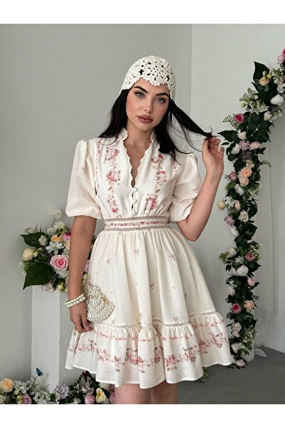 Moda Days Women's Red Mini Dress with Floral Pattern, Ruffle Collar, Balloon ...
