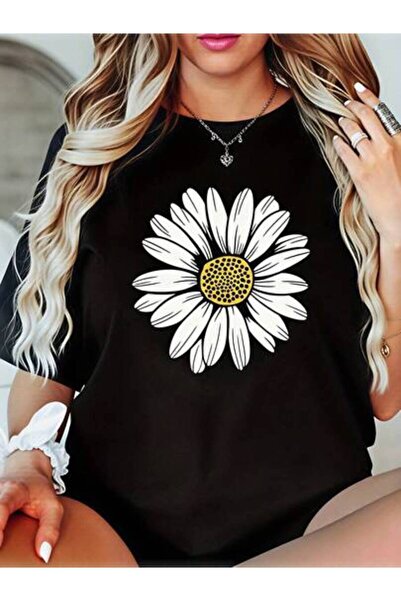 LİNA06 Women's Daisy Flower Print, Pure Cotton T-Shirt, Summer Casual Wear, P...