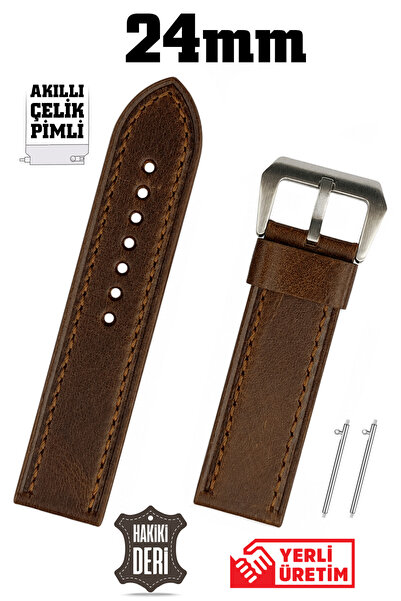 Saatse 24mm Brown Sport Genuine Leather Watch Band Strap with Smart Pins