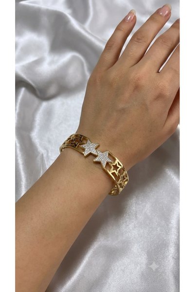 Bymiel Gold Star Detailed Zircon Stone Steel Handcuff Bracelet – Women's Stai...