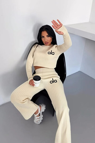 H&E LUXURY DESIGN Ženski set rebrastog pletiva, kratki džemper, pantalone sa ...
