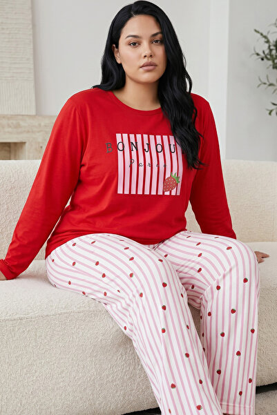 Siyah İnci Red Patterned Cotton Lycra Large Size Oversized Knitted Pajama Set...