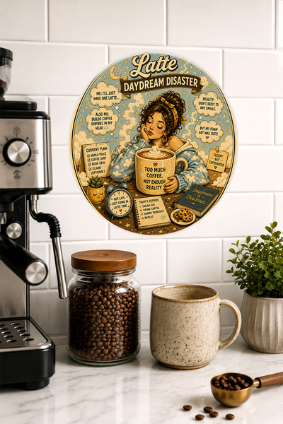 Mayeka Latte Daydream Disaster Eğlenceli Kahve Temalı MDF Yuvarlak Duvar Panosu