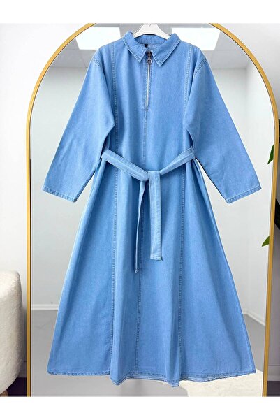 EC MODA Half Zipper Detailed Belted Denim Dress