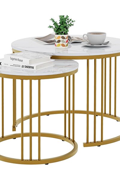 Dotail Set of 2 Huhote Round Coffee Tables, 60 x 45 cm and 40 x 40 cm, Marble...