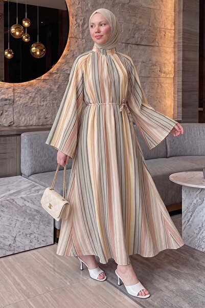 Salih Çelebi Striped Dress Y0165 - Khaki