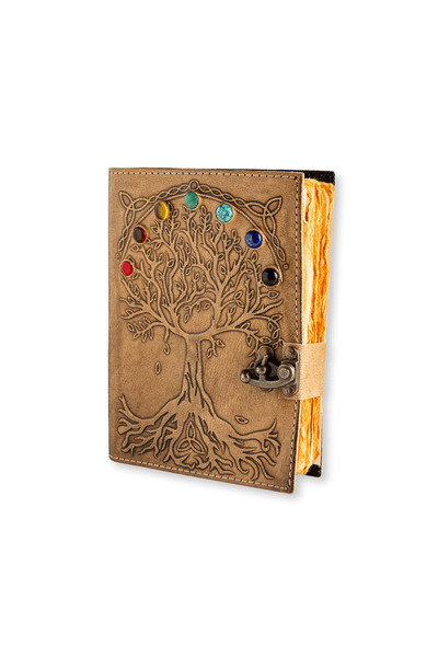 craftmystic Jurnal Vintage maro cu Arborele Vietii si 7 Chakre - Piele Naturala