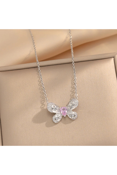 Peach Jewelry Κολιέ Ασημί Με Πεταλούδα Και Ζιρκόνια Ροζ και Άσπρα Από Ατσάλι ...