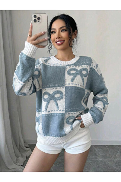 BELLA SİGNORA Oversized Women's Knitwear Sweater with Baklava Bow Pattern