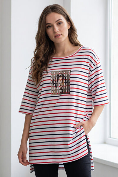 OEM Tricou supradimensionat cu dungi pentru femei, cu imprimeu frontal, TG-45