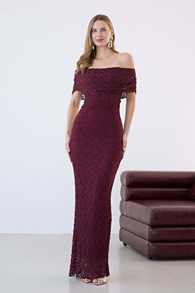 Serica Moda Bordo Madonna Yaka Dantelli Uzun Elbise