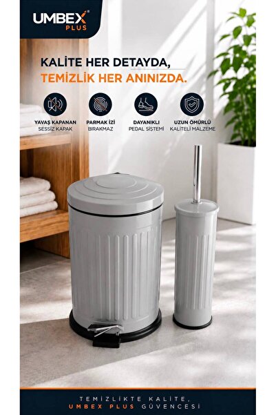 UMBEX PLUS VİNTAGE GRİ SET AMORTİSÖRLÜ YAVAŞ KAPANIR ÇÖP KOVASI FIRCA 5 LT