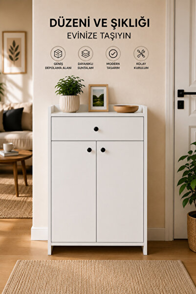 FURNICI Elegans Çok Amaçlı Ayakkabılık Dolabı Çekmeceli 3 Raflı Beyaz 90x60x3...