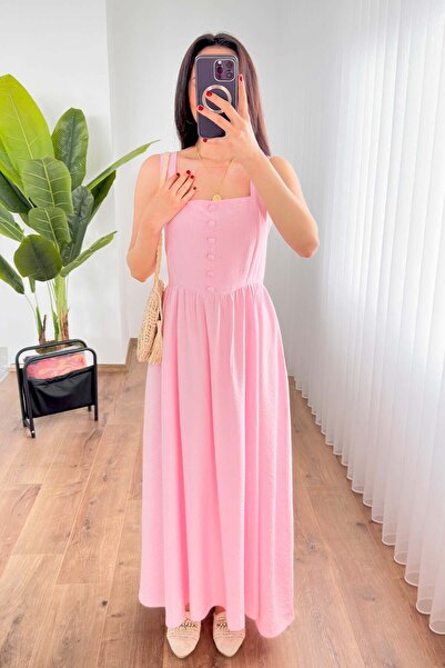 Moda Days Women's Pink Thick Strap Square Neck Button Detailed Gathered Long ...