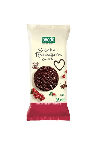 Byodo Napolitane din orez integral cu ciocolată neagră, bio, fără gluten, 65g
